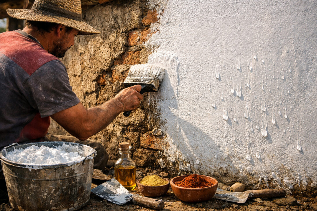 Mason shows how to waterproof an exterior wall with lime, linseed oil, and mineral pigment, an old technique that creates a hydrophobic film and costs a fraction of acrylic paints