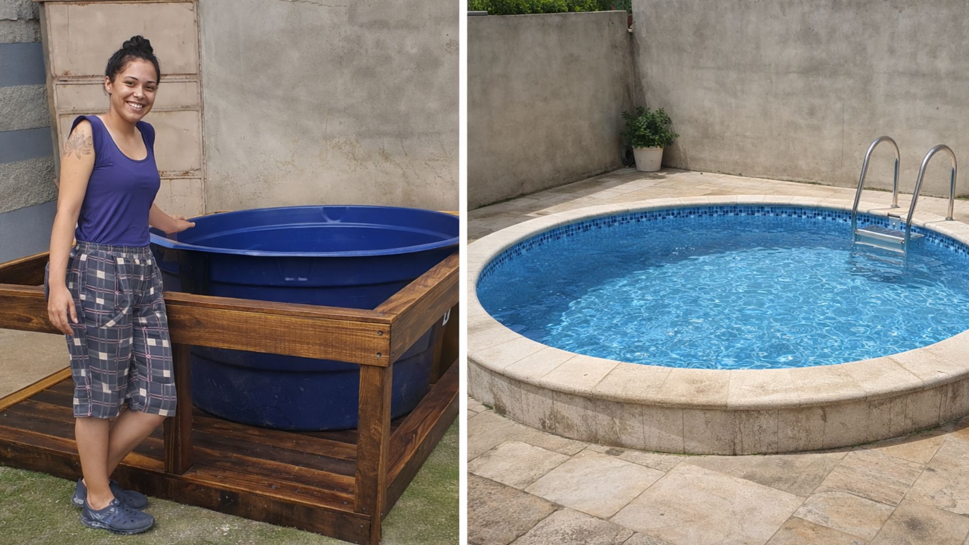 Piscina de caixa d’água com deck de madeira de pinus construída por jovem em quintal residencial.