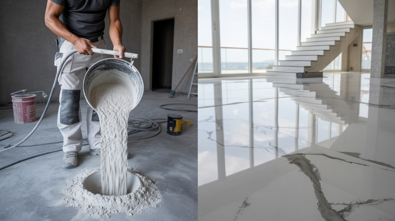 Misturar pó de mármore com cimento branco pode transformar o piso em uma superfície semelhante à pedra natural: a técnica cria revestimento resistente, brilhante e durável usado em casas, escadas e áreas internas sem precisar de granito ou porcelanato