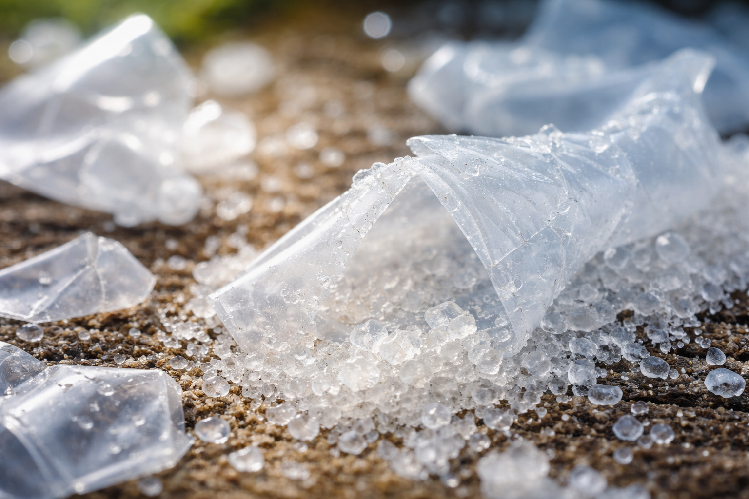 Fragmentos de plástico biodegradável se degradando em cristais semelhantes a açúcar sobre superfície natural, ilustrando inovação desenvolvida por cientistas da EPFL.