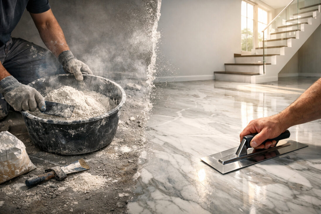 Mixing marble dust with white cement can transform the floor into a surface similar to natural stone: the technique creates a durable, glossy, and resistant coating used in homes, staircases, and internal areas without needing granite or porcelain