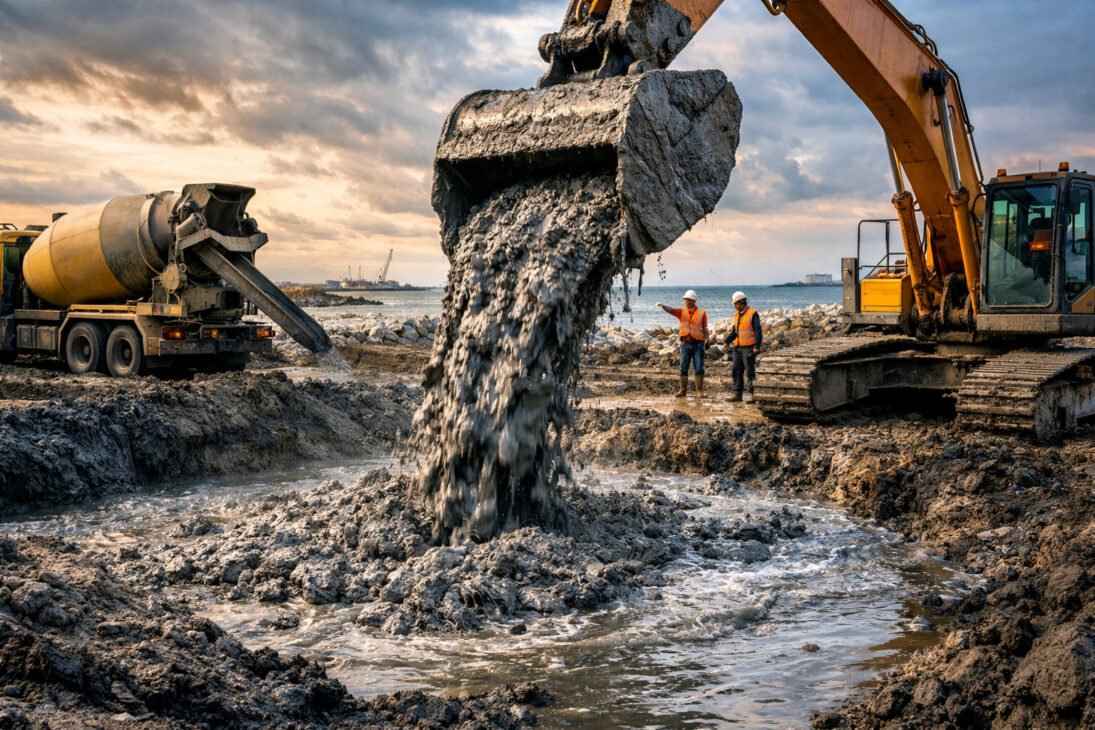 Mixing marine sludge with sand and small amounts of cement can transform coastal sediments into a material called mudcrete used in the construction of roads and embankments: the mixture stabilizes soft soils, increases the load-bearing capacity of the terrain, and allows for the construction of infrastructure in areas where the natural soil would not support the weight of the works