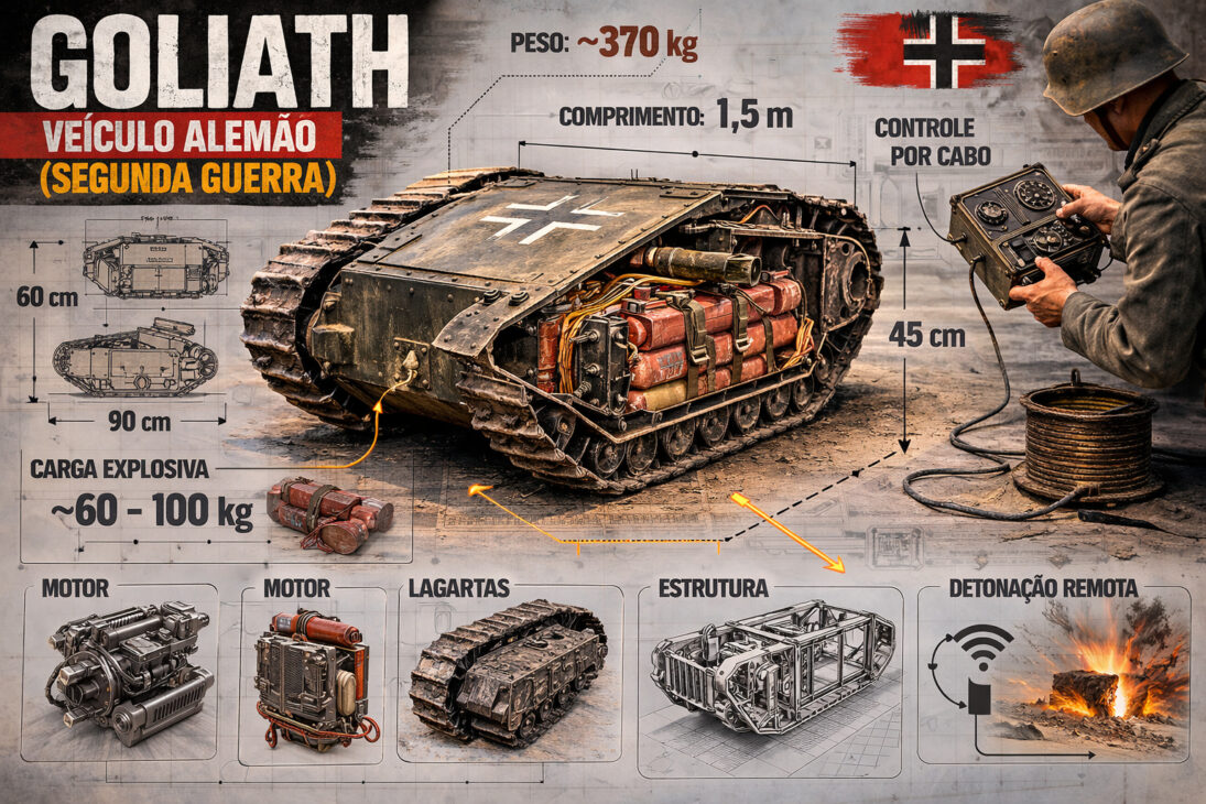 With about 370 kg and carrying dozens of kilograms of explosives, the German Goliath of World War II was controlled by cable from a distance and advanced on its own to enemy fortifications to detonate on remote command, becoming one of the first unmanned military vehicles in history and a precursor to modern combat drones