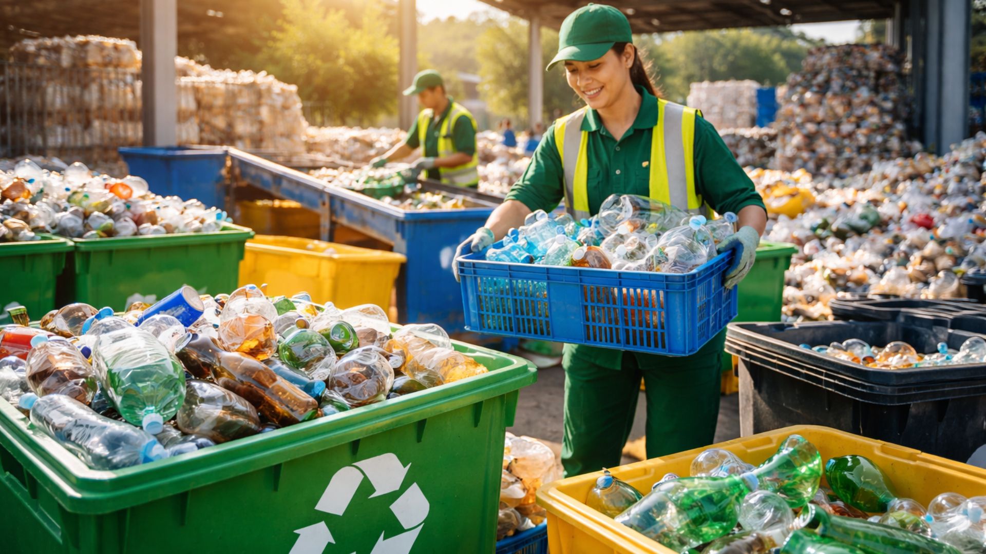 Trabalhadores realizam separação de materiais recicláveis em centro de reciclagem, representando crescimento do indicador de sustentabilidade em Niterói