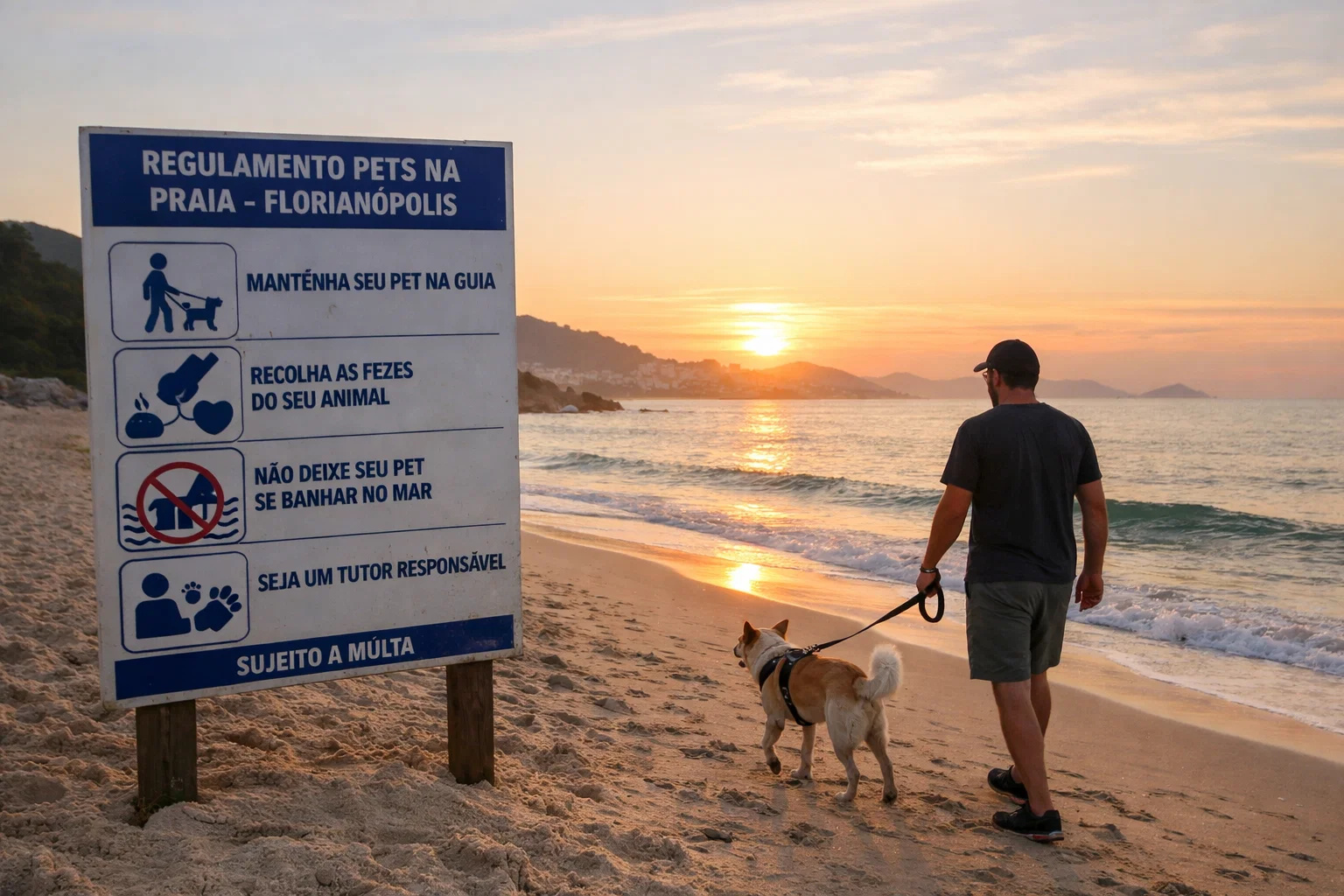 Tutor passeando com cachorro na praia do Campeche com placa indicando regras para pets