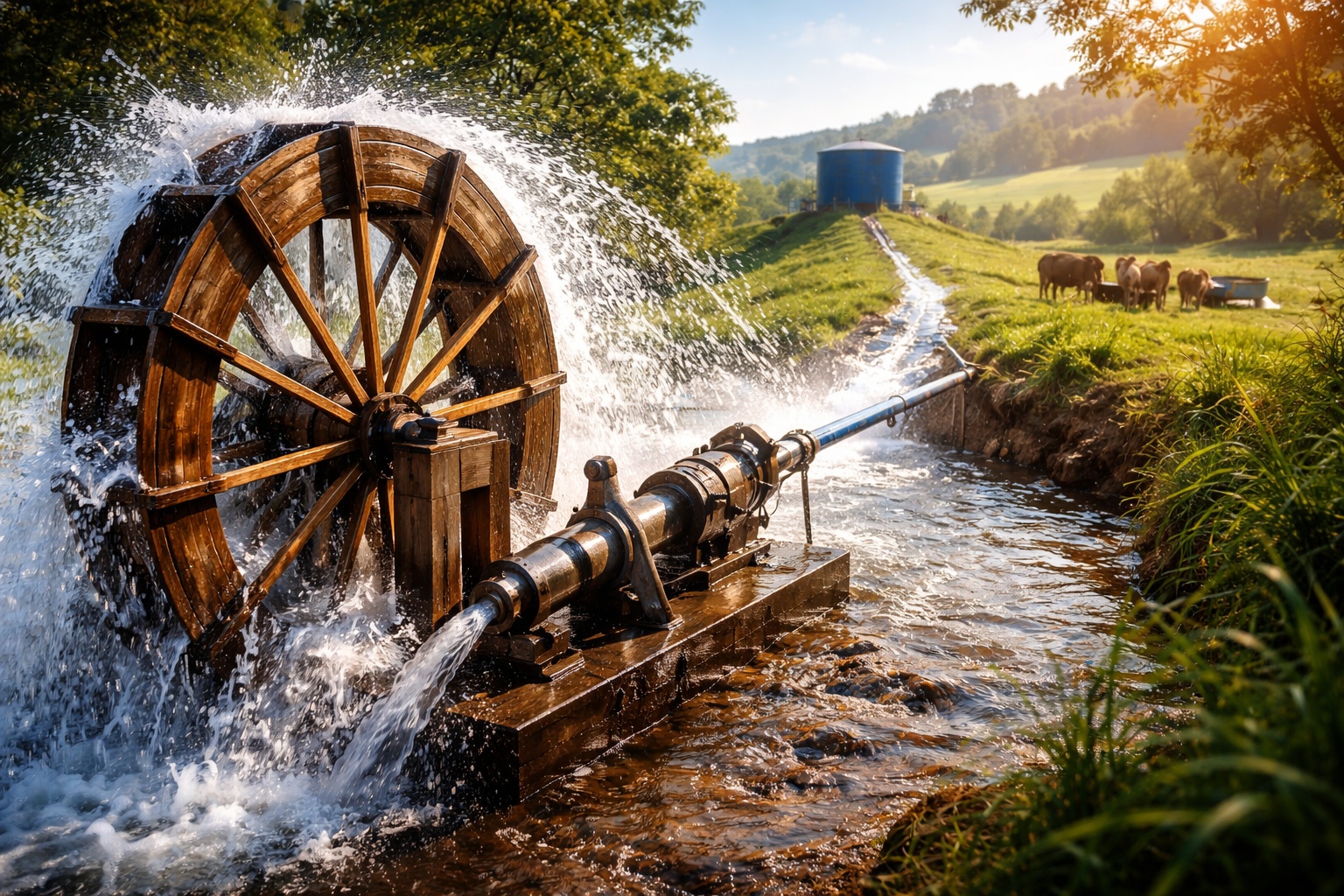 Agricultores começaram a instalar roda d’água em córregos com queda mínima de cerca de 1 metro que aciona bomba mecânica e envia água para reservatórios, irrigação e bebedouros de gado 24 horas por dia sem motor, sem combustível e sem conta de energia
