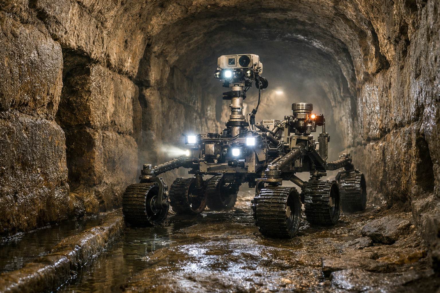 Rover arqueológico explorando túneis etruscos subterrâneos sob a cidade antiga de Veios na Itália.