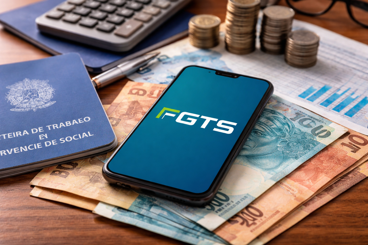 Trabalhador consultando saldo do FGTS pelo aplicativo no celular, com carteira de trabalho e cartão da Caixa sobre a mesa, representando o saque-aniversário 2026.