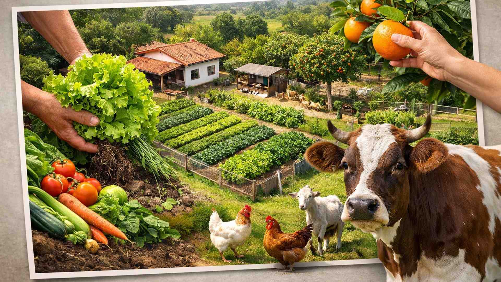 Sítio produto em 0,5 hectare integra moradia, horta, pomar, galinheiro e compostagem em sistema organizado de produção rural.