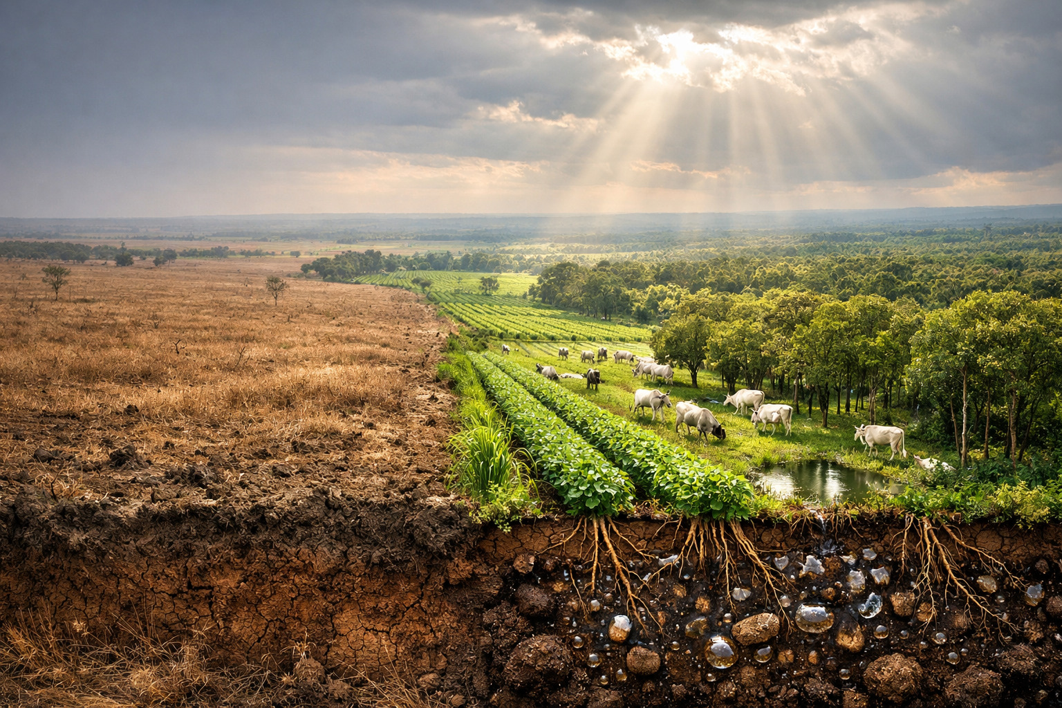 Brasil surpreende o mundo ao recuperar 15 milhões de hectares de pastagens degradadas integrando lavoura, pecuária e floresta com plantio direto e restauração de solos que agora retêm até 5 vezes mais água e abrigam microbiomas com até 10 mil espécies por grama