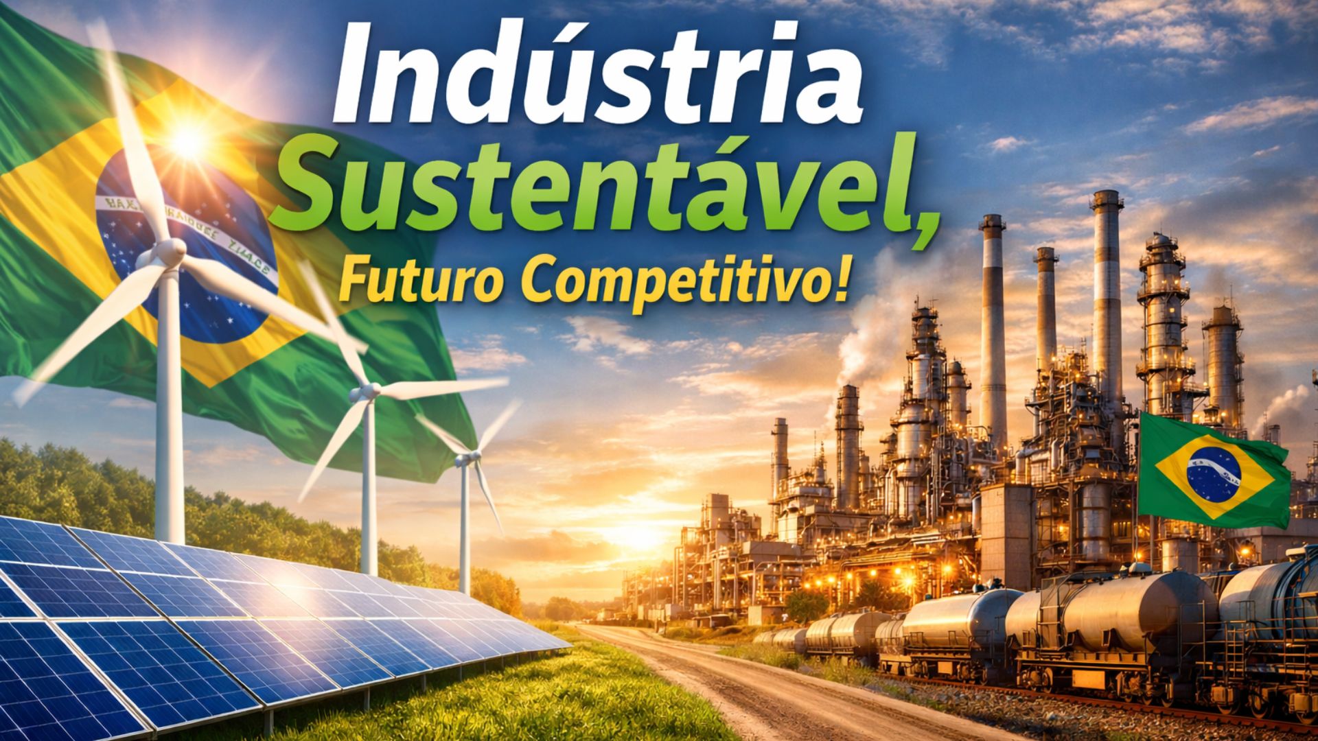 Indústrias brasileiras com energia renovável ao fundo, incluindo painéis solares e turbinas eólicas, simbolizando sustentabilidade, inovação tecnológica e redução de emissões na indústria.