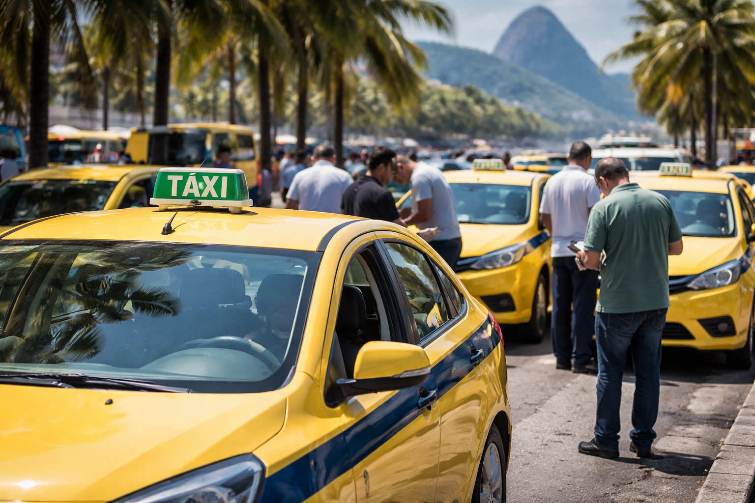 Taxistas ao lado de carros amarelos em ponto de táxi no Rio de Janeiro enquanto novas regras municipais exigem renovação da frota com limite de 10 anos.