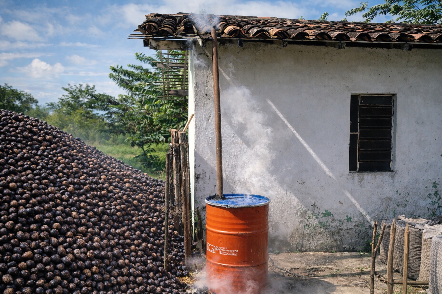 Enquanto milhões de toneladas de caroço de açaí se acumulam na Amazônia, engenheiro agrônomo do Pará transforma o resíduo da fruta mais exportada da região em biocarvão usando dois tambores e entrega ao agricultor familiar um fertilizante que sequestra carbono por séculos