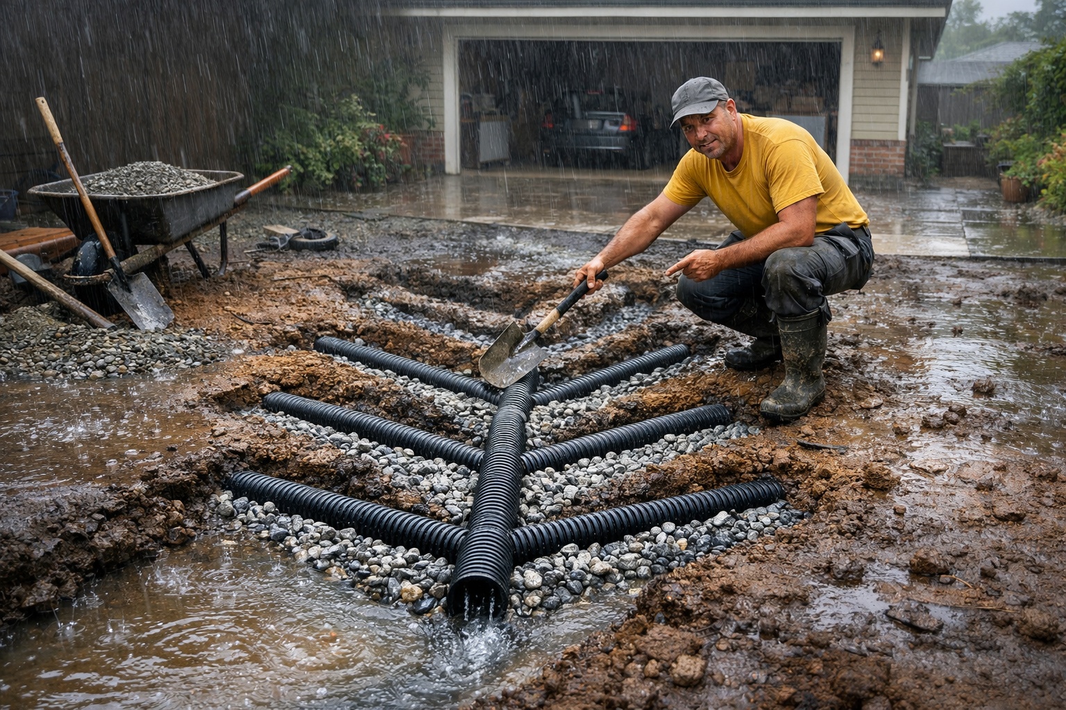 Pedreiro mostra como fazer sistema de drenagem no quintal com valetas de 30 cm, brita e tubo drenante em formato de espinha de peixe, solução que ajuda a absorver água da chuva e evitar alagamentos na garagem mesmo em temporais intensos