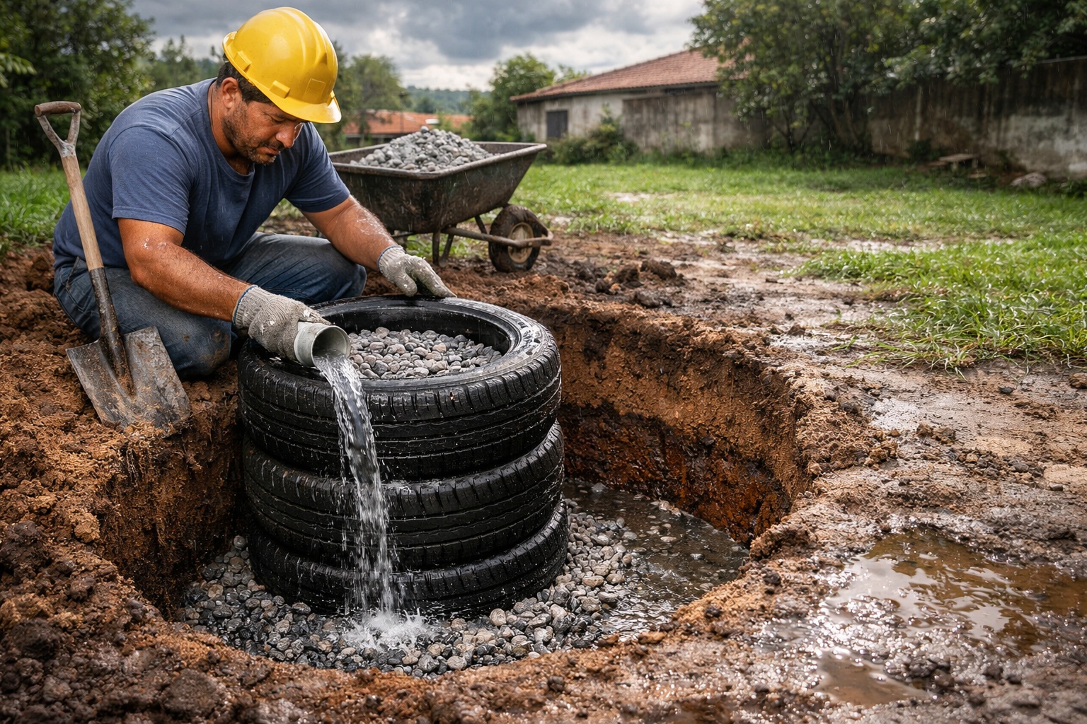 Pedreiro mostra passo a passo de como fazer um sumidouro de água da chuva com pneus usados e brita, solução simples que ajuda a evitar poças no quintal e melhorar a infiltração da água no solo
