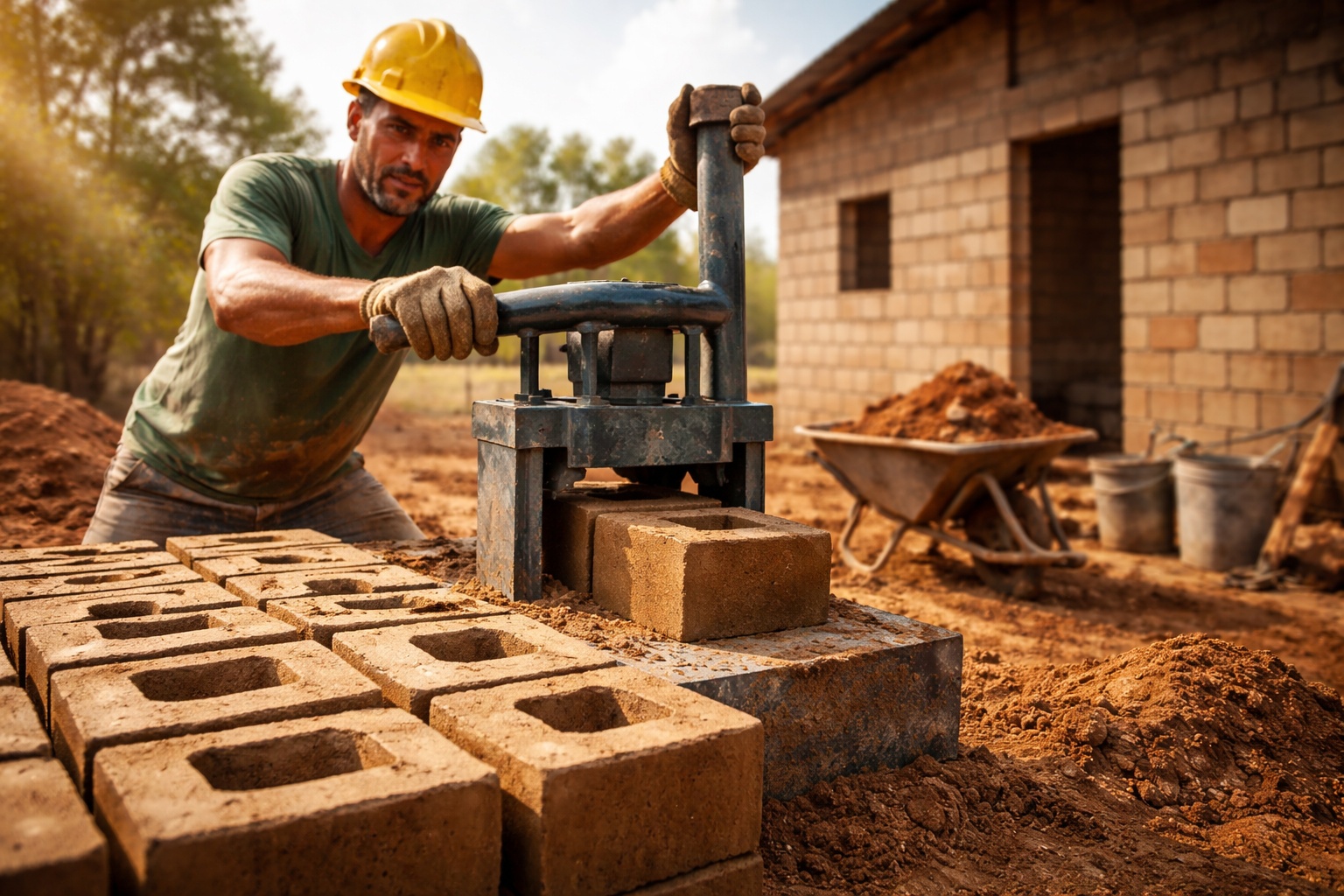 Pedreiro ensina como produzir tijolo ecológico de solo-cimento com prensa manual, usando terra e cerca de 10% de cimento para fabricar blocos que dispensam forno, reduzem argamassa e podem cortar até 40% do custo de uma obra residencial