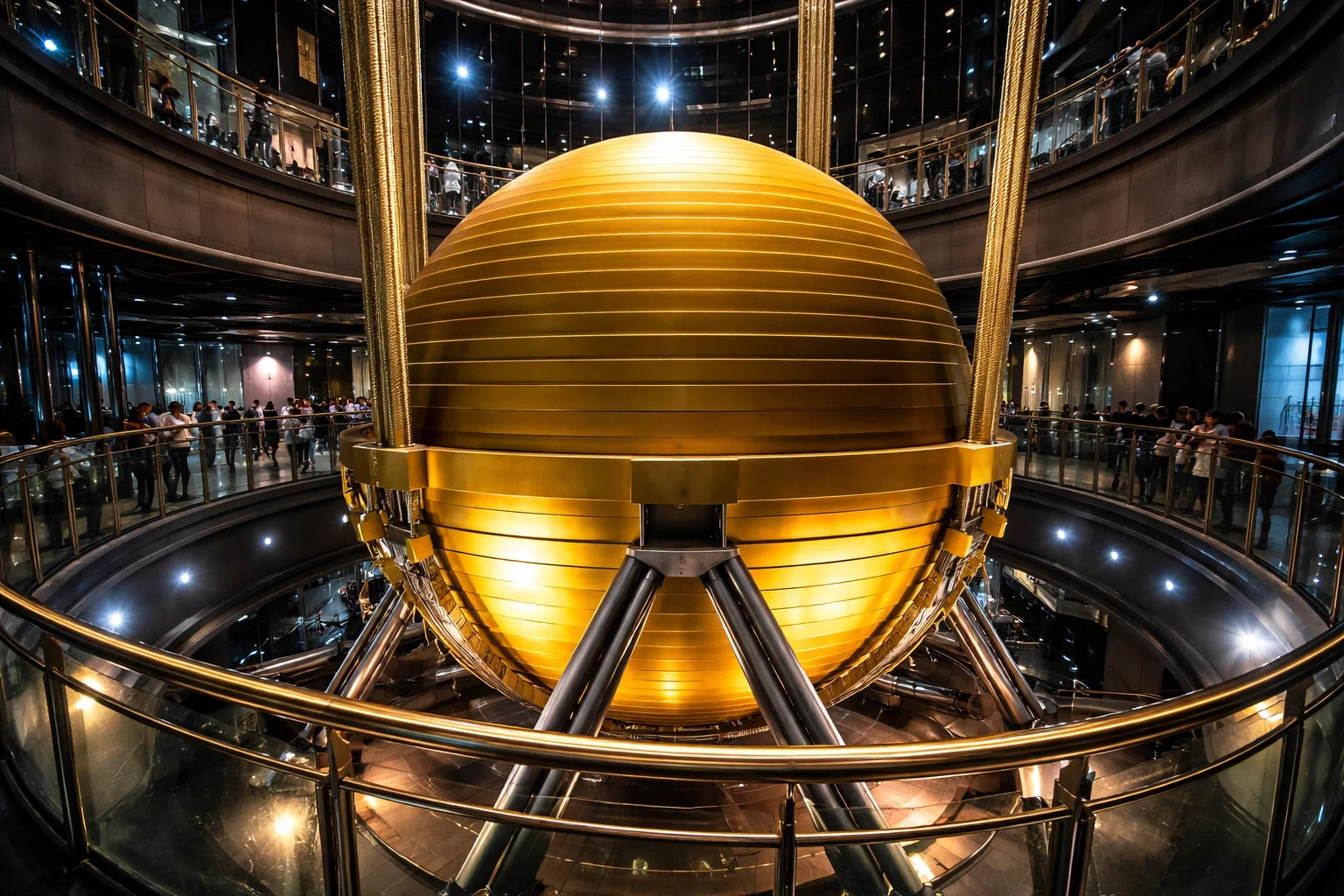 No interior do Taipei 101, em Taiwan, uma esfera metálica de cerca de 730 toneladas foi instalada entre os andares superiores do prédio para reduzir até 40 por cento da oscilação causada por tufões e terremotos