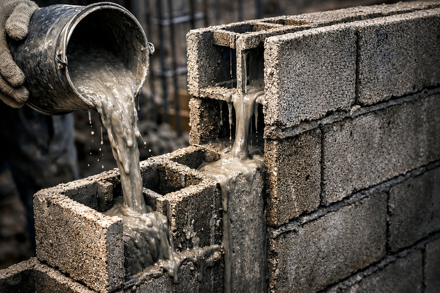 Graute fluido é um microconcreto usado para preencher cavidades em paredes e pilares, reforçando estruturas sem quebrar o concreto e aumentando a resistência da construção.