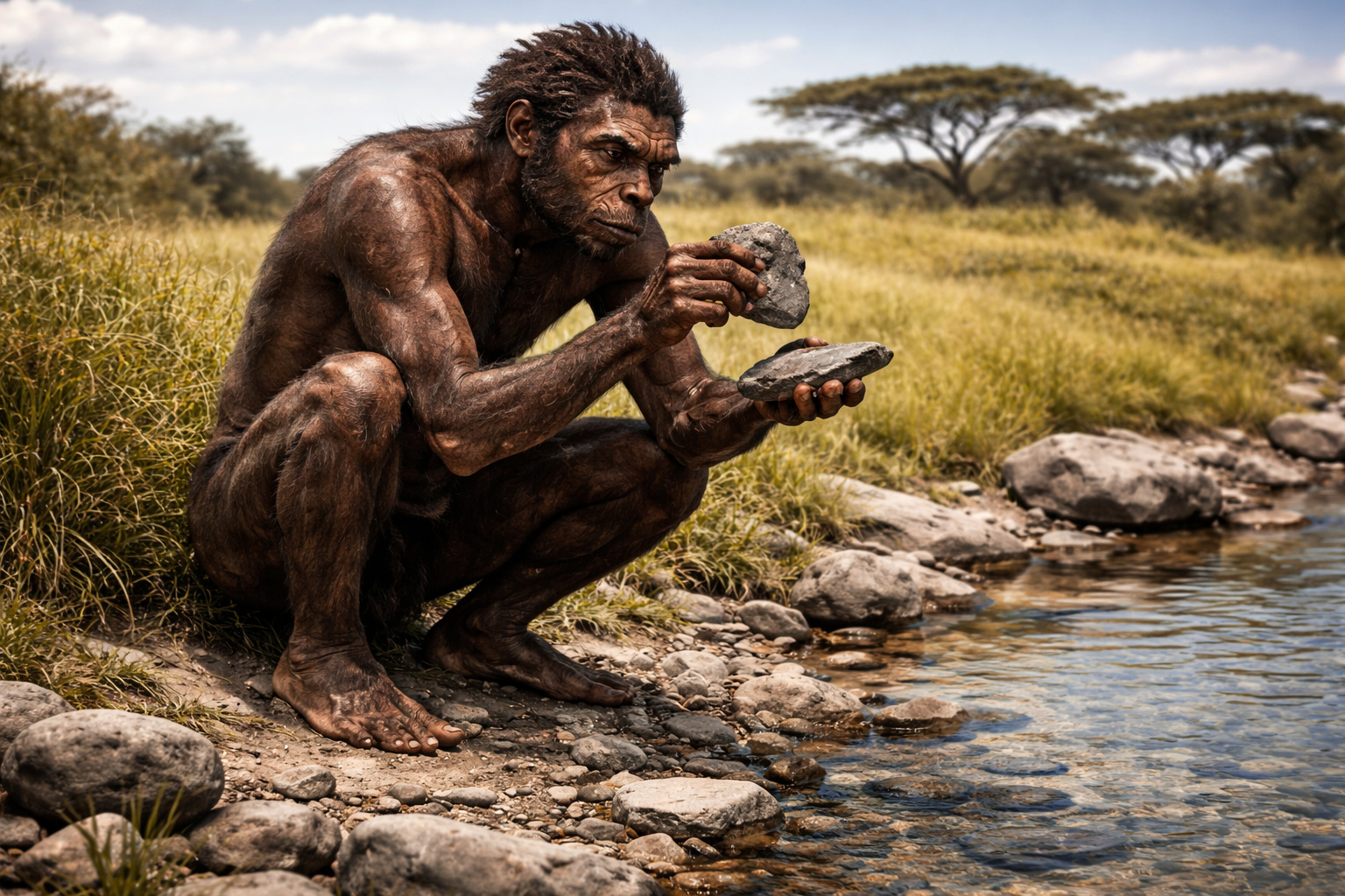 Homem pré-histórico aplicando pigmento mineral ocre na pele enquanto observa pedras perto de um rio, representando possível proteção natural contra radiação solar.