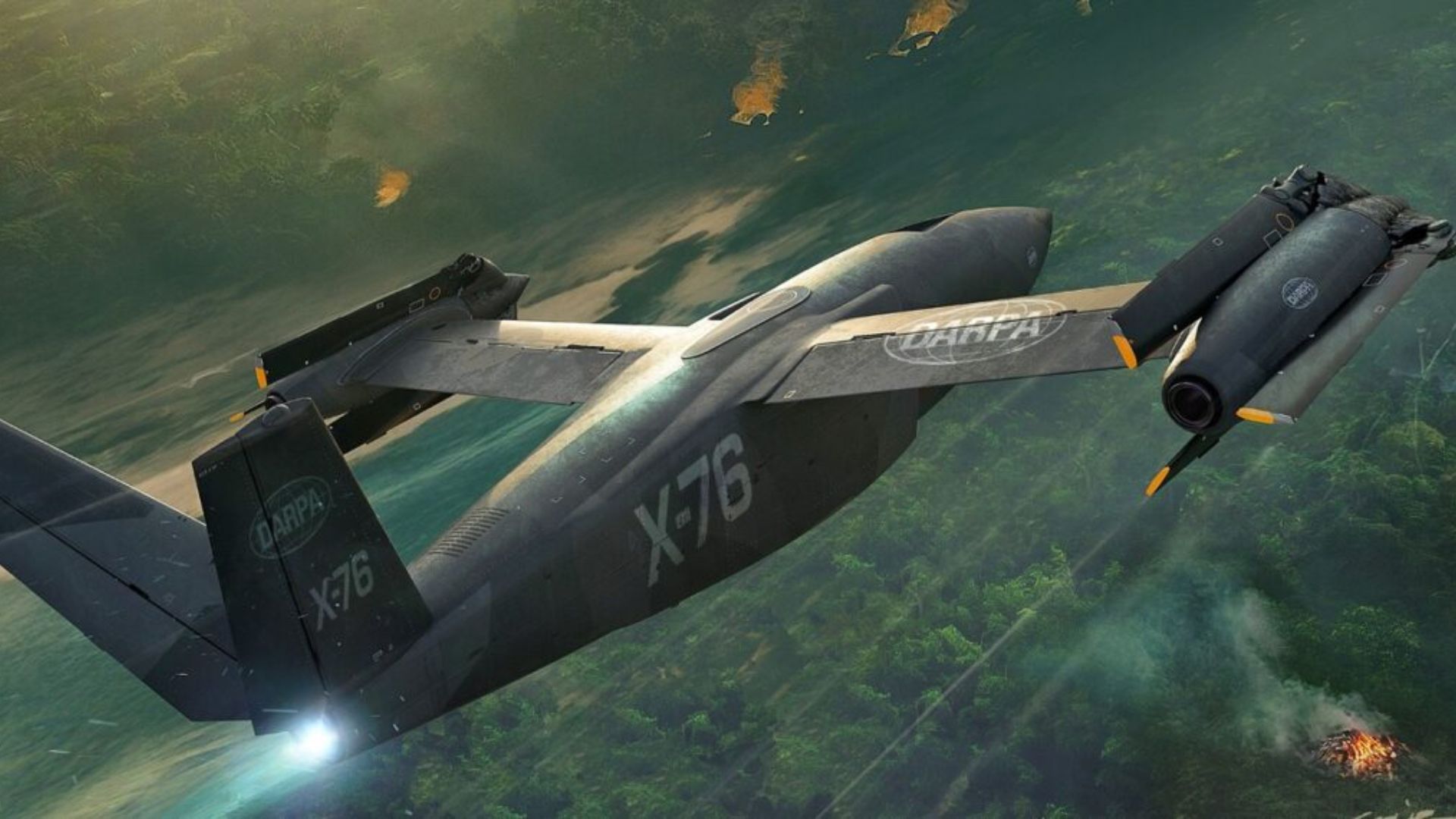 Aeronave experimental X-76 da DARPA decolando verticalmente com rotores dobráveis e motores a jato.