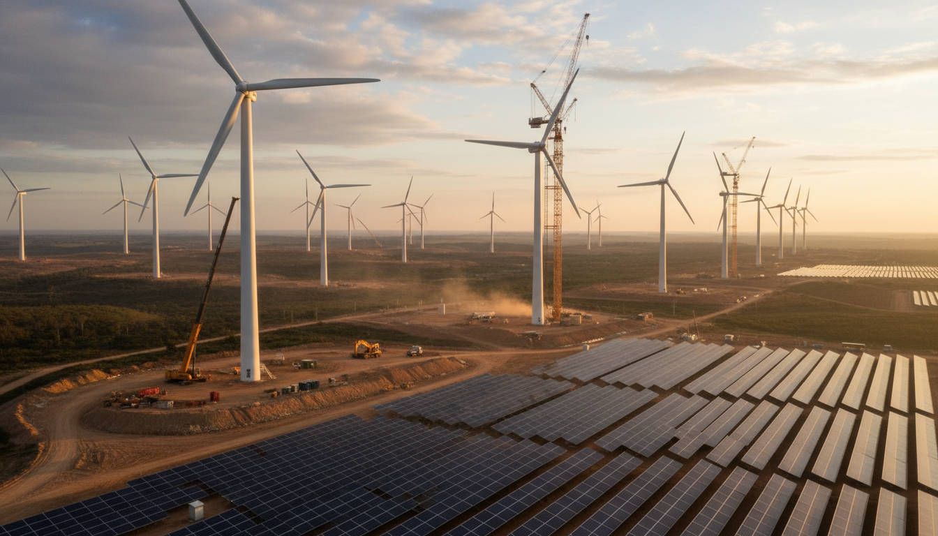 Wind farm under construction in Brazil with turbines being installed at sunrise alongside solar panels