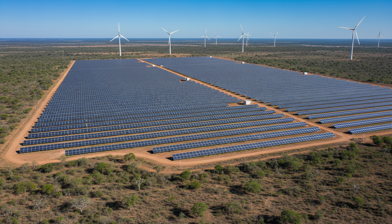 Massive solar and wind farm in Northeast Brazil with thousands of panels and turbines at industrial scale