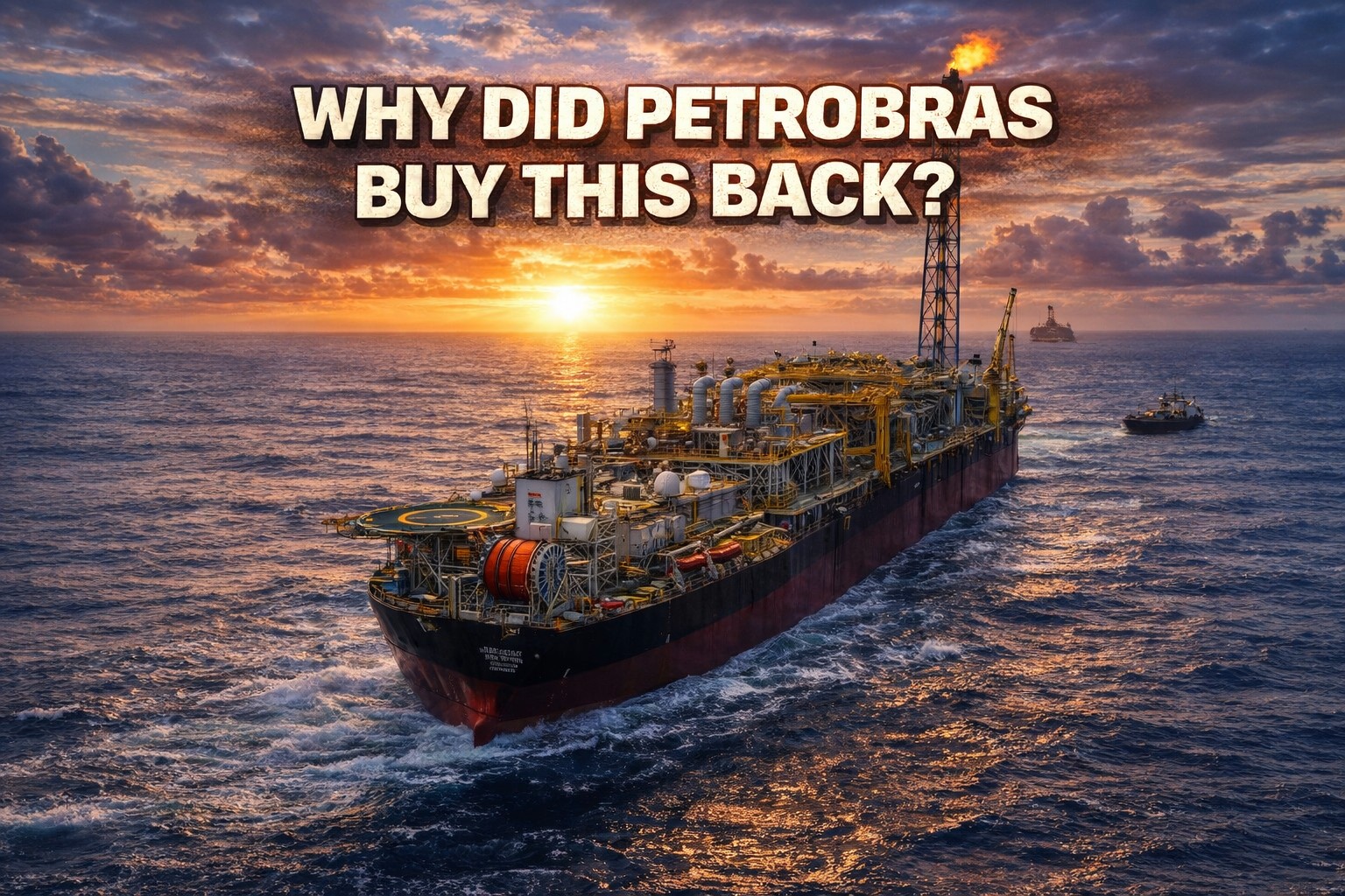 FPSO vessel operated by Petrobras at sea during sunset, representing the buyback of oil fields and potential impact on Brazil's oil sector and jobs