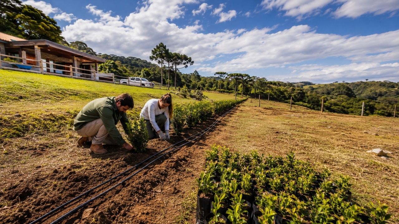 Couple buys 380 seedlings online to create an 80-meter hedge on their property, tests drip irrigation, and begins transforming open area into a green wall at the refuge they are building