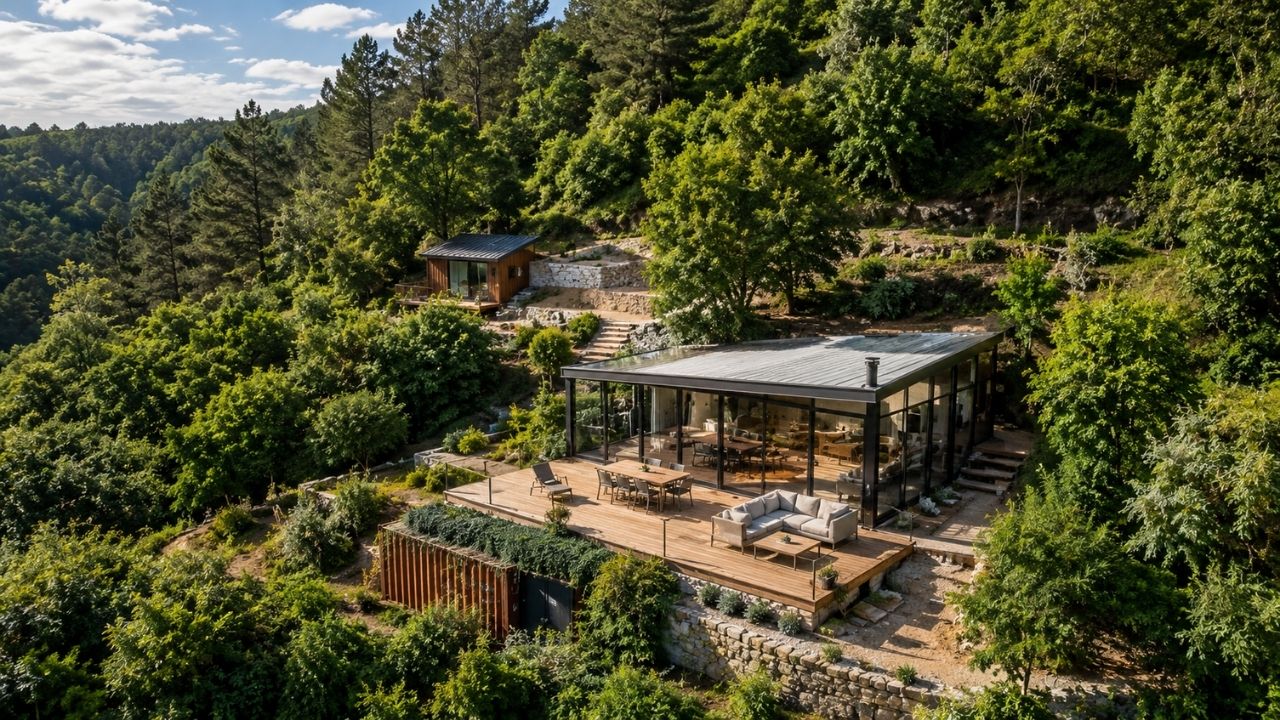 Couple transforms abandoned land in Portugal, moves a 6-ton tiny house, hides a container on the slope, and builds a 50 m² deck in two days while advancing on the main house surrounded by glass and nature.