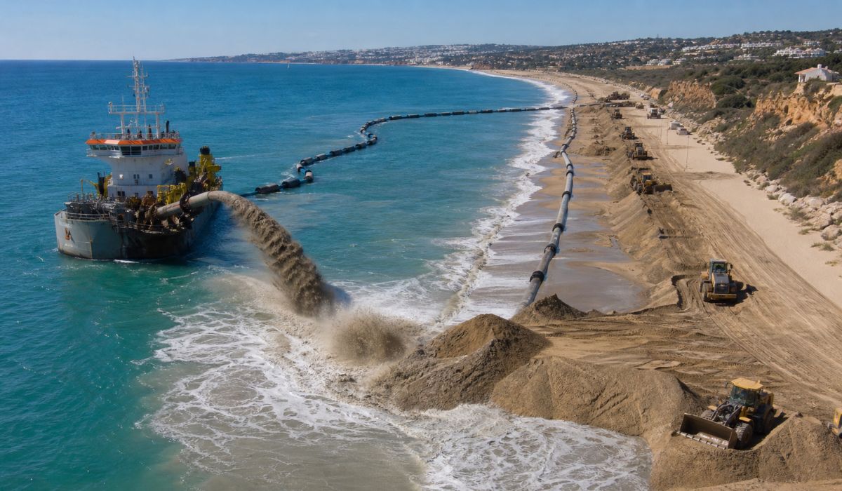 Portugal removes more than 2 million tons of sand from the seabed and dumps it all on vulnerable beaches in the Algarve, in a mega-operation to curb erosion, widen the coastal strip by up to 37 meters, and prevent the coastline from receding further.