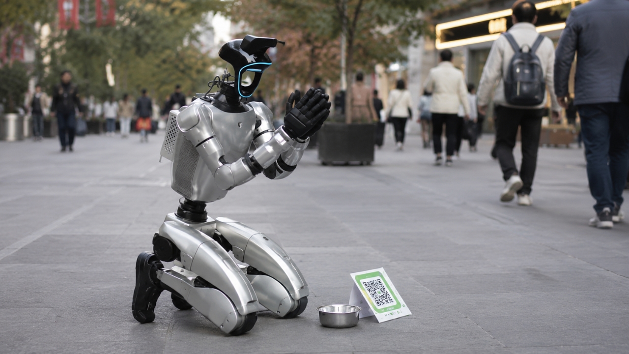 Humanoid robots appear on the streets of China asking for money with QR Code to pay for energy.