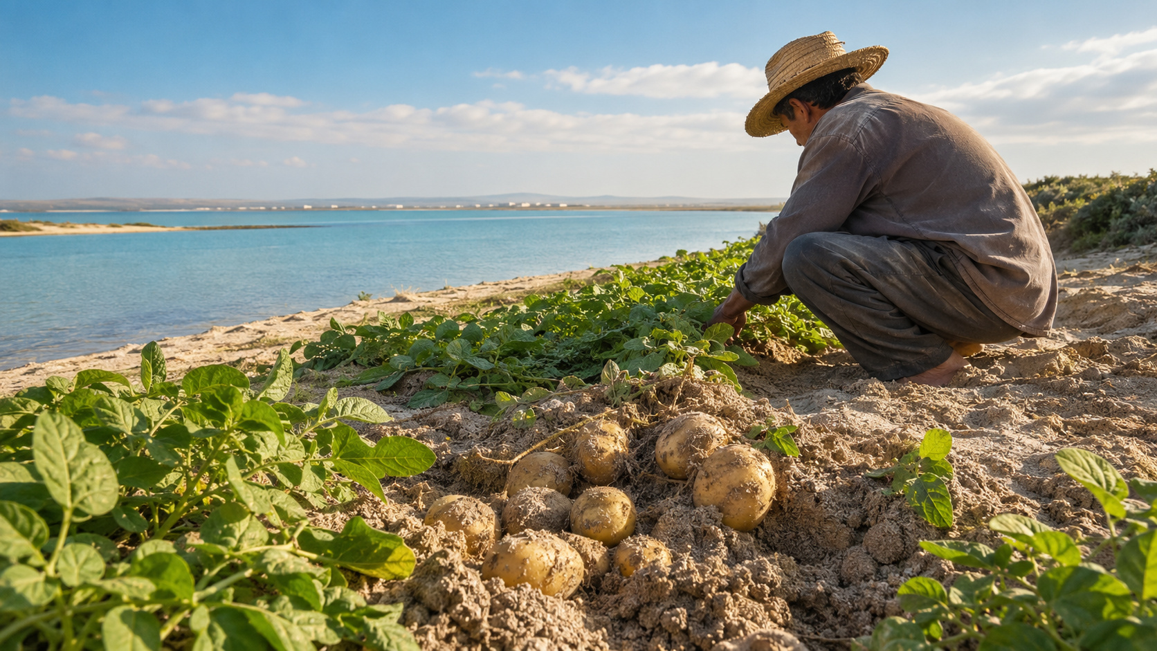 It seems impossible, but farmers in Tunisia plant potatoes on sand surrounded by saltwater, use rain and tides for irrigation, and harvest up to 30 tons per hectare.